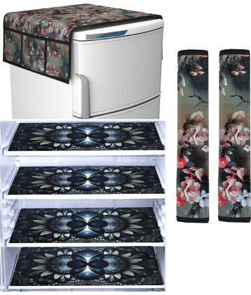Exopick Polyester Floral Fridge Mat & Cover ( 93 53 ) Pack of 7 - Multicolor