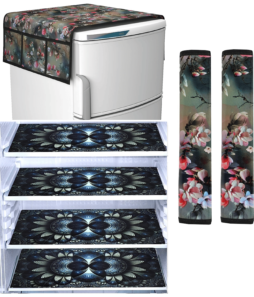 Exopick Polyester Floral Fridge Mat & Cover ( 93 53 ) Pack of 7 - Multicolor