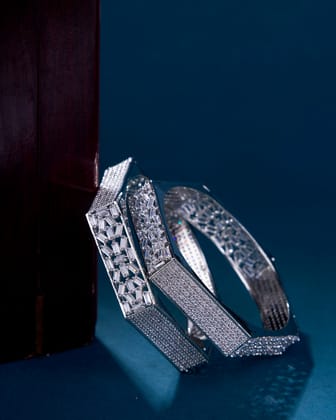 American Diamond Rhodium Kada Bangles (Pack of 2)-White / Rhodium / 2.4