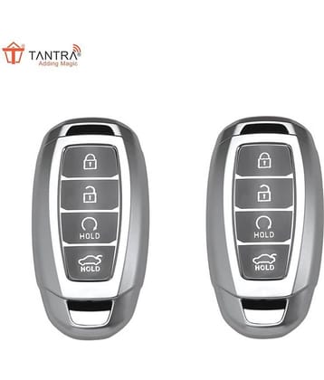 TANTRA TPU Key Cover and Metal Keychain Compatible for Hyundai Verna 2023 Car 4 Button Smart Key (Grey Pack of 2)