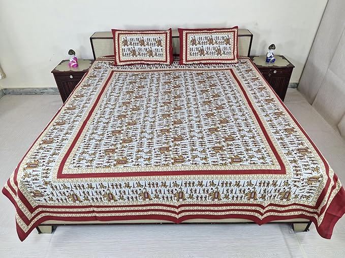 Bedsheet Set with Pillow Covers, Intricate Ethnic Rajasthani Design, 100% Cotton, 210 x 226 cm,Best for Single Bed & Big Deewan Sets