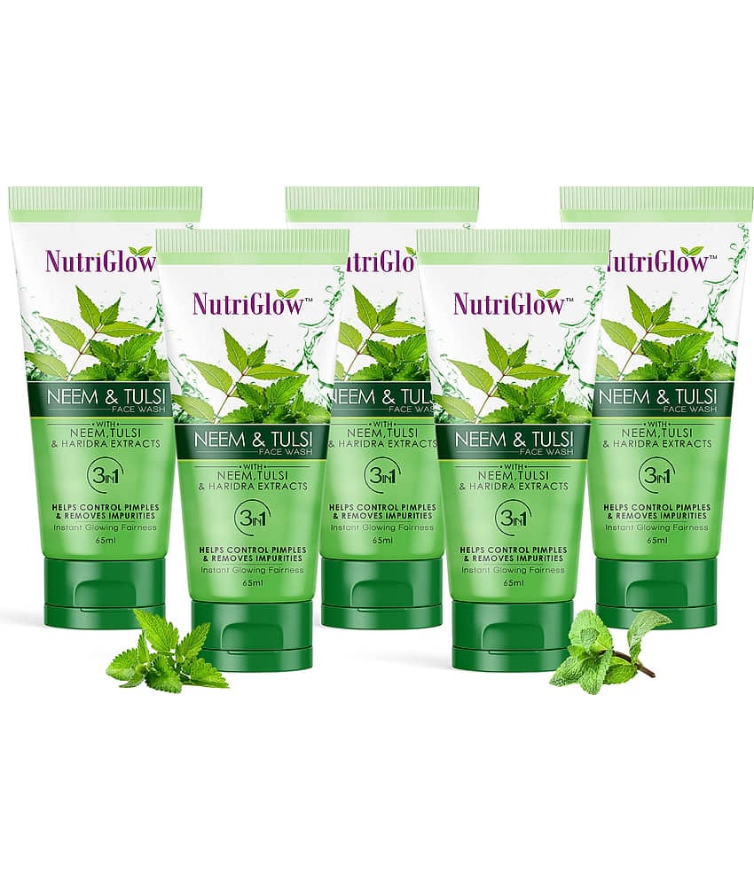NutriGlow Neem & Tulsi Non-Foaming Face Wash for Acne Prone Skin, Removes Excess Oil, 65ml Each, Pack of 5