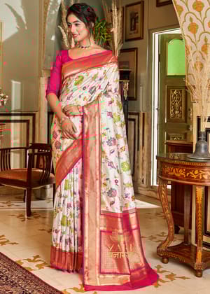Pre Order : Vasant: Banarasi Meenakari Floral Jaal Katan Silk Saree in The Shades of White and Red