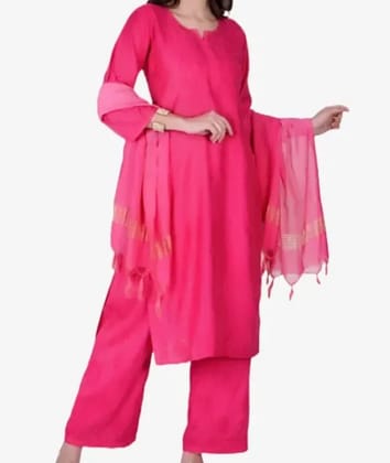 Work Lucknowi Chikankari Hand Embroidery Pink Chanderi Thread Work Kurti 3 Piece Set