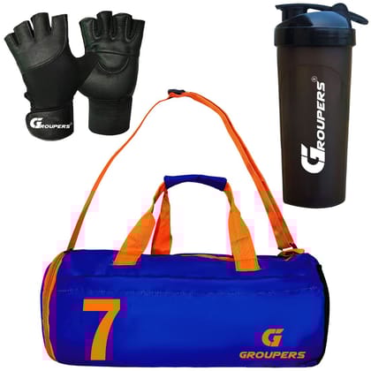 GROUPERS Combo Set of Duffle Polyester Bag with Shaker Bottle-700ml & GloveslSports & Travel Bag (Blue 07) GROUPERS Combo Set of Duffle Polyester Bag with Shaker Bottle-700ml & GloveslSports & Travel Bag (Blue 07)