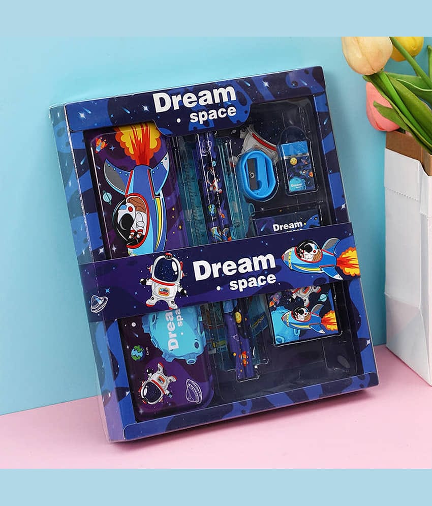 Space Printed Stationary Kit Pencil Box, Pencil Sharpner Eraser Scale Cryon Kit for Kids
