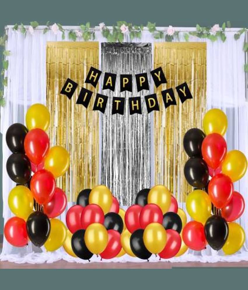 KR Solid 5th Happy Birthday Balloons Decorations Kit / Set (35 Pcs),Happy Birthday Banner (1 Set Of 13 Pcs ),Gold Curtains (2 Pcs),Silver Curtain (1 Pcs), Gold, Red, Black Balloons (30 Pcs) For Boys, Girls Balloon