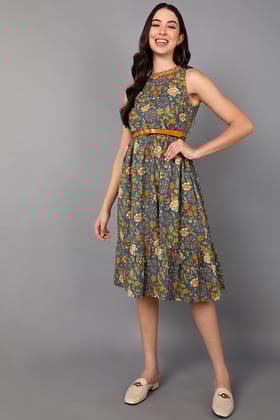 Blue Cotton Floral Printed Midi Dress VD1199