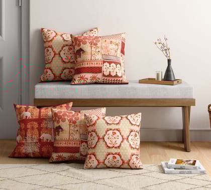 India Circus Ancient Haathi - Blended Velvet Cushion Cover Set Of 5 - 12 X 12 Inch