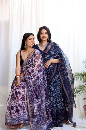 Sandhya : Indigo & Red Dabu Handblock Cotton Kota Doria Saree