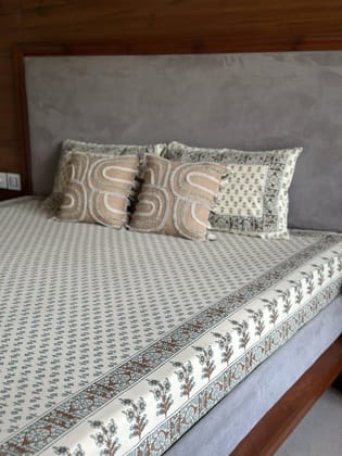 KRI India Bloom Ivory Bagru Budget Bedsheet Set| Ivory | Off white with turquoise green floral motifs  | 100x102 inches  | Wash & Care | 100% Cotton | Handcrafted in India. 100% organic & natural.