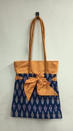 Ikat Print Tote Bag with Bow Detail (Blue and Mustard) | Traditional Artisan Style | Ethnic Casual