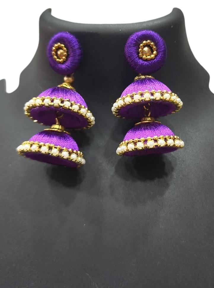 Title: Stunning Purple Silk Thread Jhumka Earrings with Pearl Accents for Women choice.