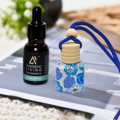 Aesthetic Living Floral Car Aromatizer/ Diffuser Bottle with Essential Oil (Multi Shape Floral-10 ml+ Eucalyptus Essential Oil, 15 ml)