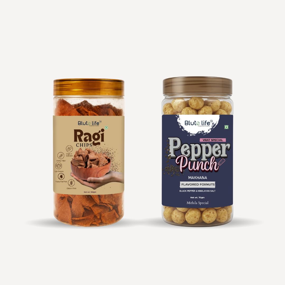Blute life Millet Masala Chips and Roasted/Flavoured Makhana Combo 150g + 80g Pack (Ragi Chips & Pepper Punch Makhana Combo, Masala & Pepper Punch)