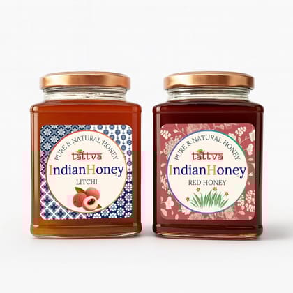 IndianHoney Red Honey with Litchi Honey Combo (Pack of 2) | Pure & Natural | 1kg (500g Each) | Unprocessed & Unfiltered Natural Sweetener