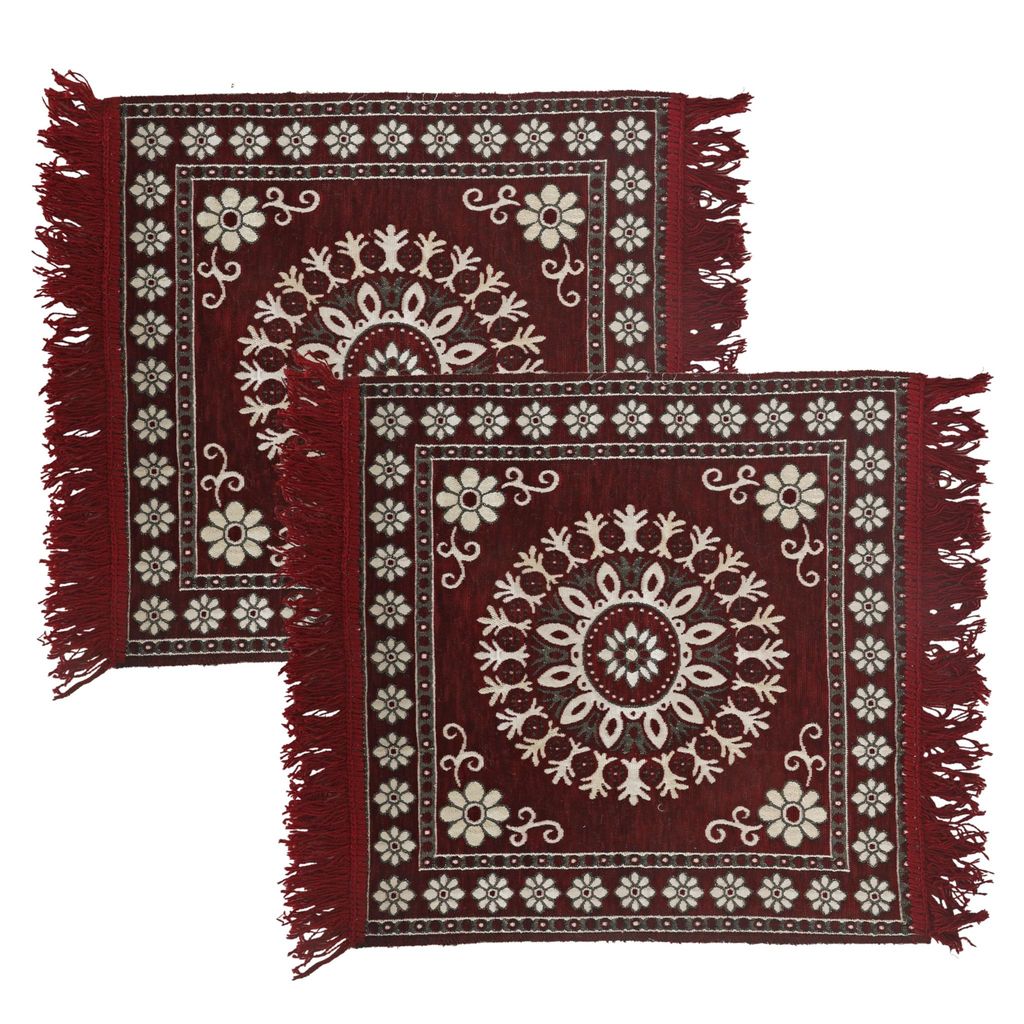 RADECOR Prayer Cotton Reversible Aasan Pooja Meditation Multipurpose Cotton Rug Mat Set- 2 Piece (Maroon, 22"X22"(Inches))