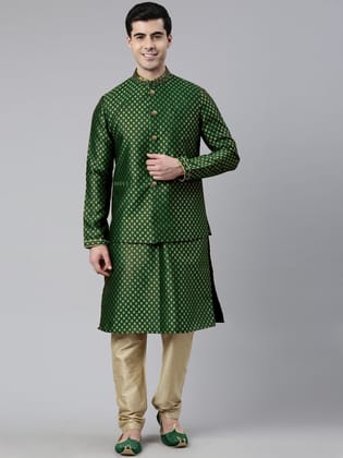 Green Brocade Jacket and Kurta Set-XS/36 / Pajama set