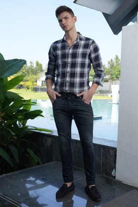 Content - Cotton Check Shirt - Navy-M-40 / NAVY