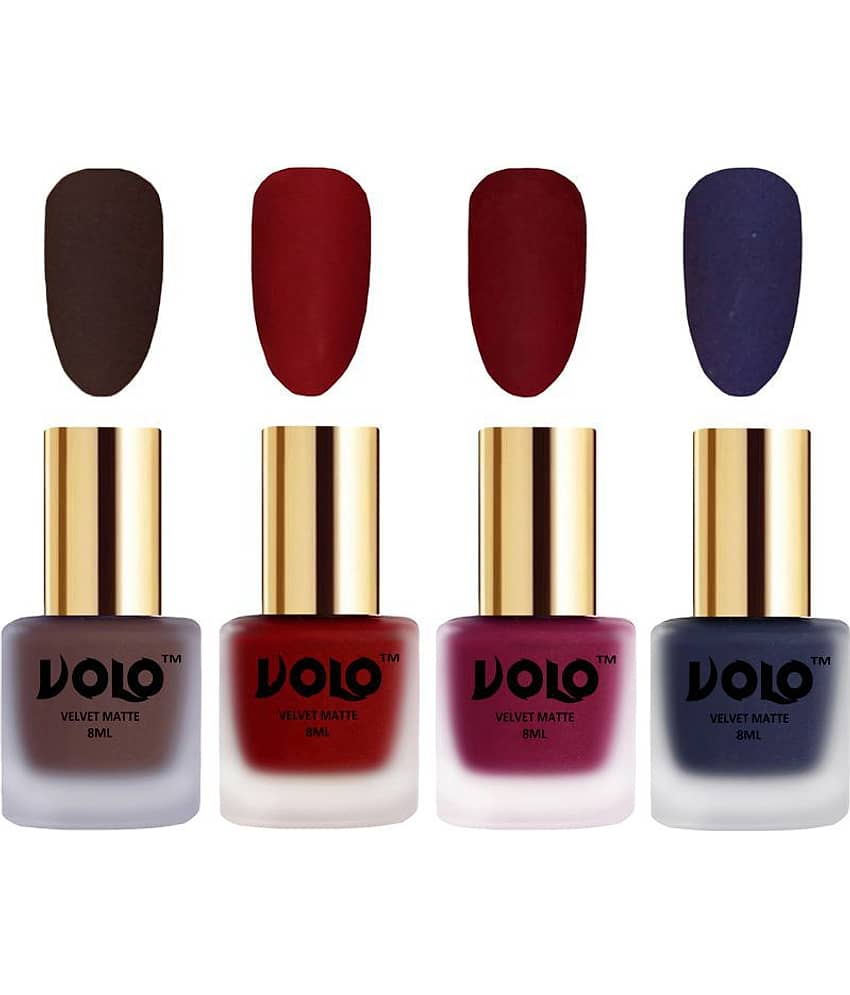 VOLO Velvet Dull Matte Posh Shades Nail Polish Brown,Red,Red, Blue Matte Pack of 4 32 mL