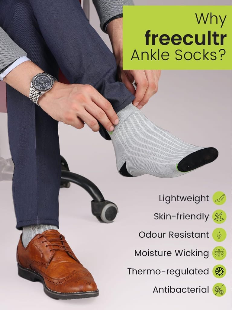 Freecultr Ankle Socks | Breathable Bamboo Fibre | Odour Resistant | Thermo Regulated | Moisture Wicking | Anti-Slip Y-Heel | Soft & Comfortable Set of 3 Dark Grey