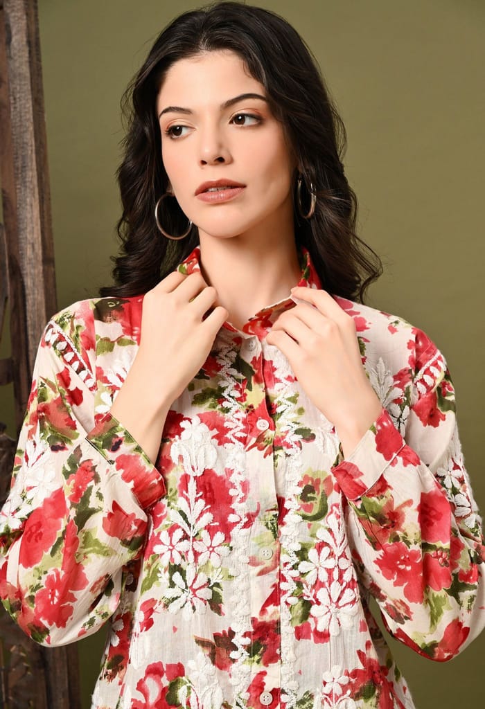 Chikankari Cord Set in Mulmul Set - Floral Print Red