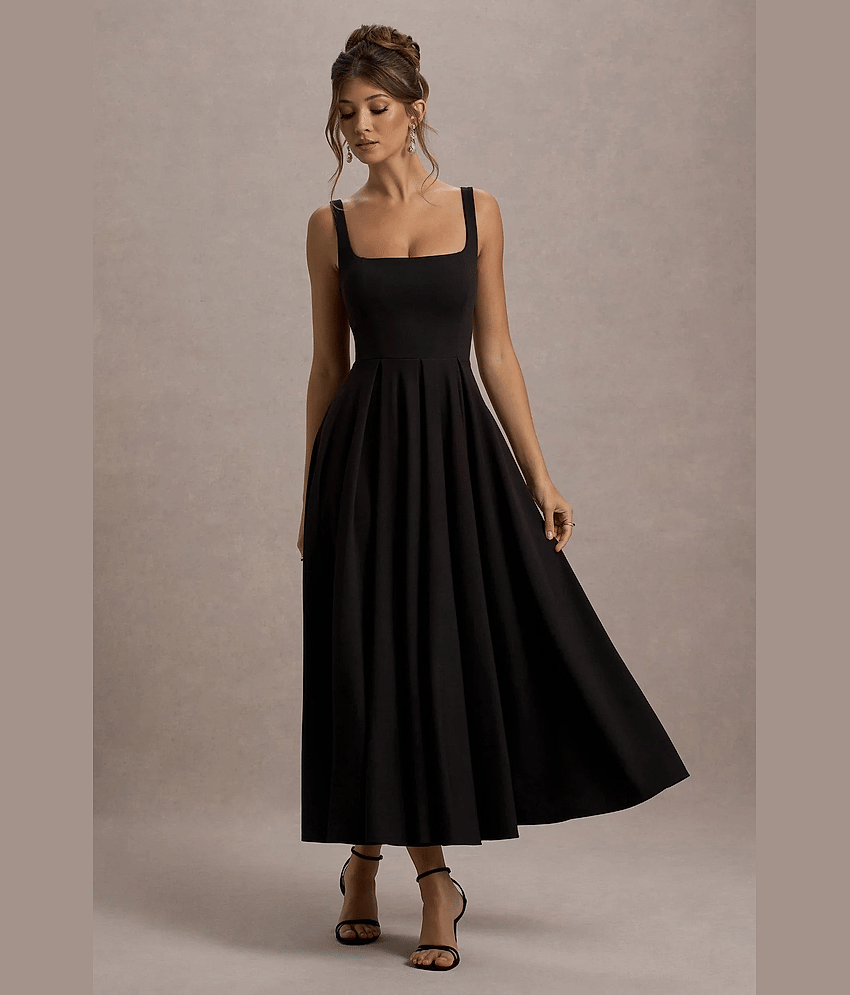 Traquila Women Lycra Solid Fit & Flare Dress ( Black )