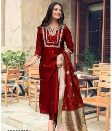 Mahek Fashion Women Chanderi Embroidered A-line Kurti With Pants ( Maroon )