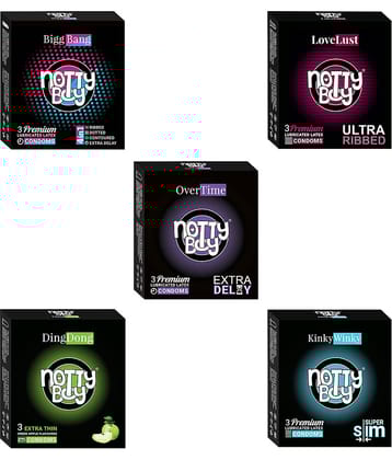 NottyBoy BiggBang 4in1 Dots Ribs Over Time, Ultra Ribbed, Extra Delay Extra Thin, Fruit Flavoured Condoms - (Sets of 5, 15Sheets)