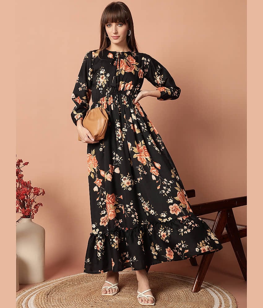 Femvy Women Polyester Printed Fit & Flare Dress ( Gold )