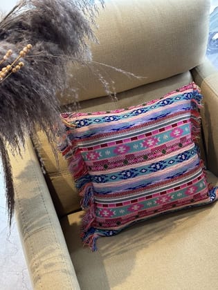 KRI India Distressed Boho Fringed Cushion Cover|24x24 inches | Multicoloured  | Wash & Care | 100% Cotton | Handcrafted in India. 100% organic & natural.
