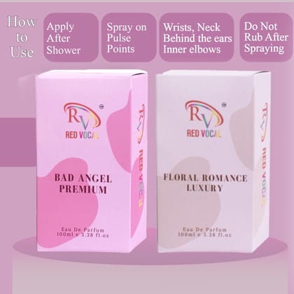 Red Vocal Bad Angel Premium (Women) with Floral Romance Luxury (Women) Eau de Parfum Combo – 2 x 100ml | Elegant & Bold Women’s Fragrance Set