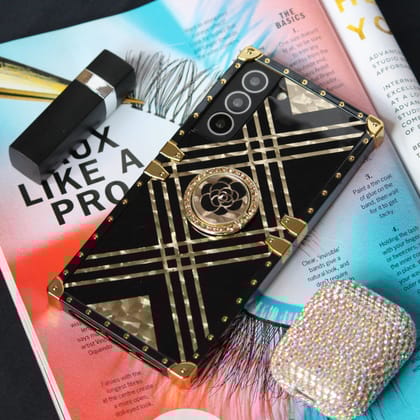 Black & Gold Rose Rhinestones Ring Holder Luxury Cover-Samsung Galaxy S22
