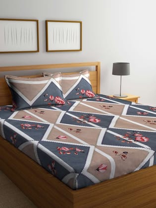 Brown & Grey Floral 300 TC King Bedsheet with 2 Pillow Covers