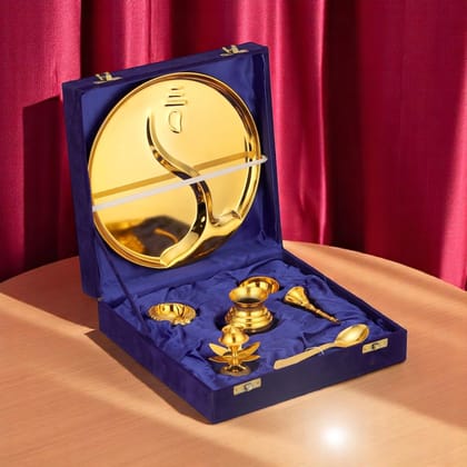 Brass Gold Pooja Thali Set Velvet Box for Rituals