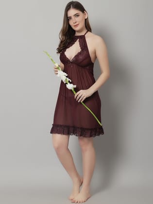 Babydoll Overall Net Diamond Neck Dress - Wine-M / Wine