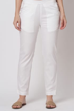 Narrow Cotton Pants - White-XS