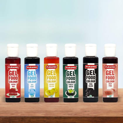 Puramio Gel Food Colours, (Super Red, Coal Black, Deep Pink, Forest Green, Golden Yellow, Sky Blue), 30 gm Each - Pack of 6
