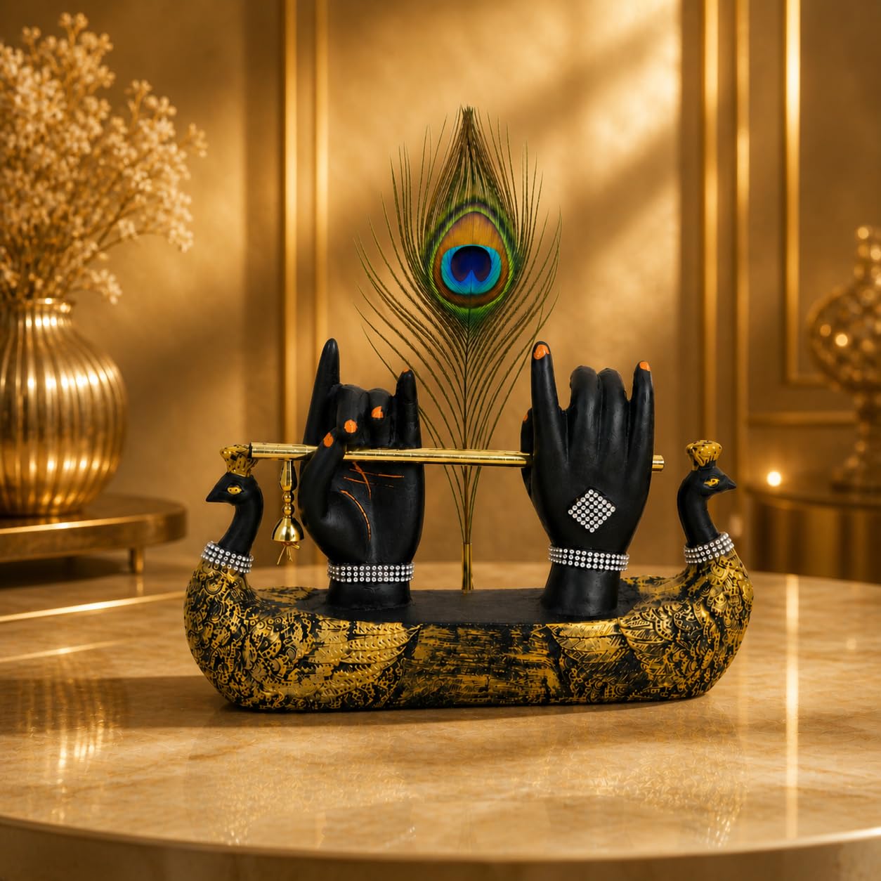 CraftVatika Krishna Hand Showpiece with Flute Peacock Feather,Housewarming Gifts for New Home,Wedding for Couple Home Office Decor Decoration Items for Living Room,Griha Pravesh Gift