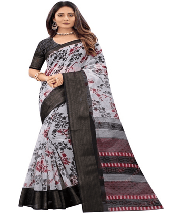 Grubstaker Cotton Blend Printed Saree With Unstitched Blouse Piece ( White )
