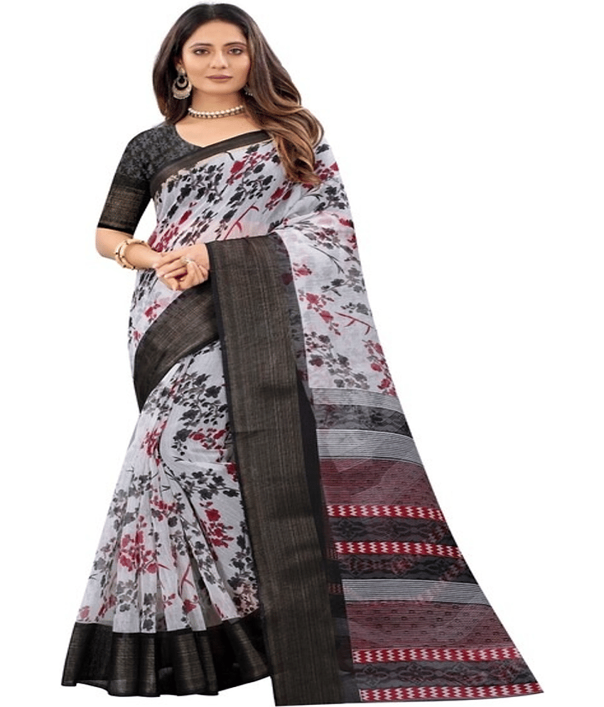 Grubstaker Cotton Blend Printed Saree With Unstitched Blouse Piece ( White )