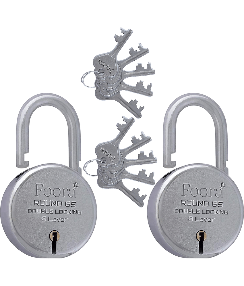 Foora 65mm Premium Door Lock Set - Pack of 2 Padlocks with 5 Keys | 8 Lever Double Locking Security for Home, Gate, Shop, Shutter - Silver Finish