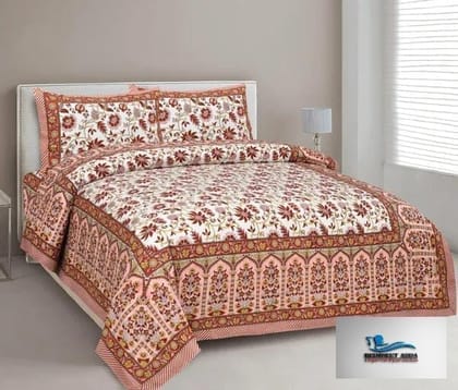 3001-Hometrade India-Standard King Size (90*108 Inches)-Pure Cotton Jaipuri Double Bedsheet With Matching Pillow Cover