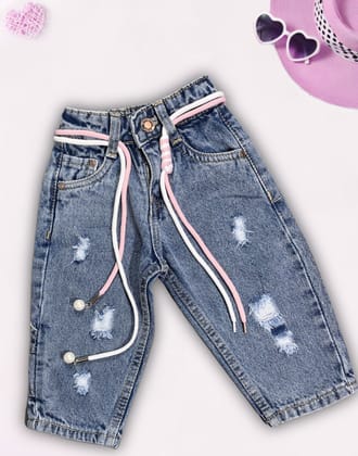 Girls Distress Baggy Jeans [GJ-967] (9Months-5Years)-9M-12M (Size - 16) / Blue / Denim