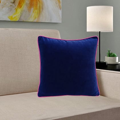 Blue Velvet Cushion Cover with pink piping-12 x 12 inches / Plain Cotton Backing