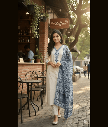 Hiva Trendz Women Cotton Embroidered Straight Kurti With Pants ( Off White )