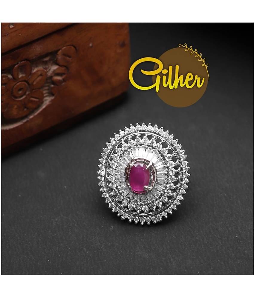 Gilher Fancy American Diamond Pink Ruby Stone Cocktail Ring With Adjustable Size For Women And Girls