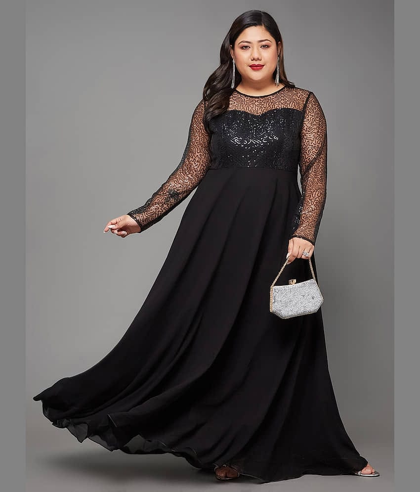 Miss Chase A+ Women Georgette Solid Fit & Flare Dress ( Black )