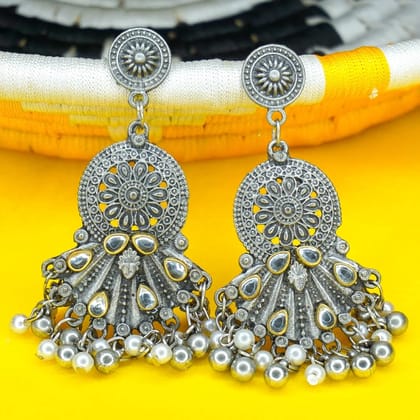 Oxidized Silver Floral Design Earrings with Pink Enamel