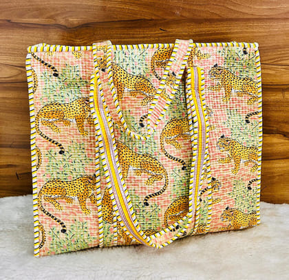Handblock Printed Quilted Tote Bag with concealed zip ( 17x18x 6 inches)